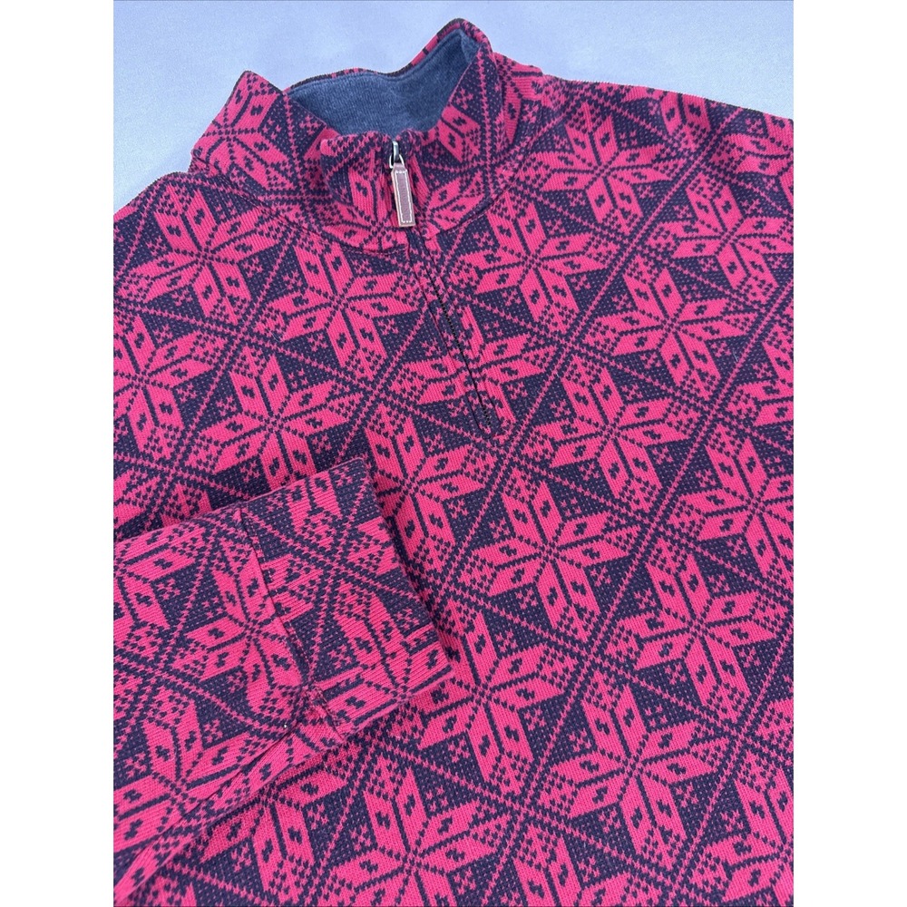 Lands' End Sweater Men's XL 1/4 Zip Red 100% Cotton Snowflake Outdoor Pullover